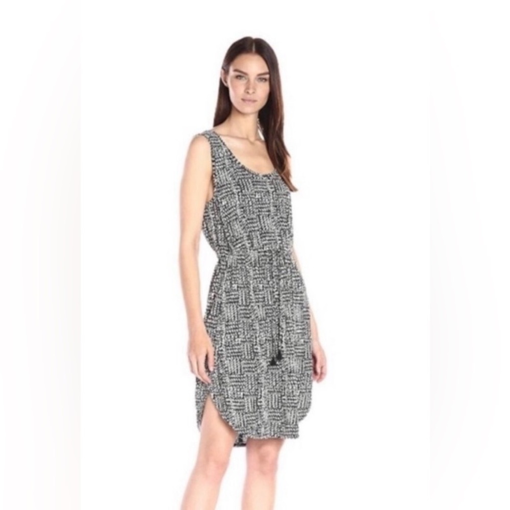 LUCKY Brand Linen Black & Beige Patterned Tassel Drawstring A-Line Dress XS